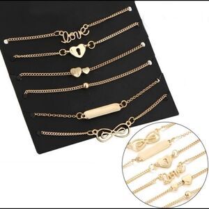 NEW Set of 6 gold bracelets / anklets heart, bar, Infiniti, lock, adjustable…